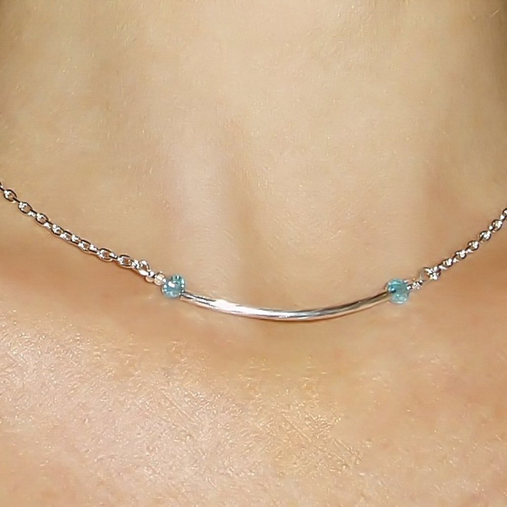 Sky Blue Crystal Silver Tube Necklace/ Silver Bar Layering Chain Choker